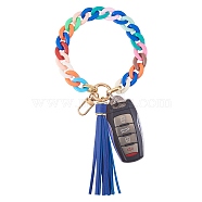 Chain Link Wristlet Keychain, Acrylic Bracelet Tassel Keychain, with Alloy Findings, Colorful, 28.5cm(HJEW-SW00014-05)