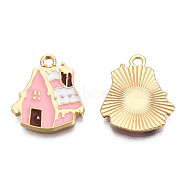 Christmas Theme, Alloy Enamel Pendants, Light Gold, Snow House, Pink, 19.5x17x2mm, Hole: 2mm(ENAM-S119-011B)
