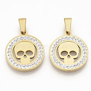201 Stainless Steel Pendants, with Random Size Snap On Bails and Polymer Clay Crystal Rhinestones, Flat Round with Skull, Golden, 23x20x2.5mm, Hole: 8~10x3~5mm(STAS-N089-41G)