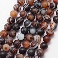 Natural Striped Agate/Banded Agate Bead Strands, Eye Agate Beads, Round, Dyed & Heated, Frosted, Grade A, Coffee, 8mm, Hole: 1mm, about 47pcs/strand, 15 inch(G-K166-11-8mm-01)