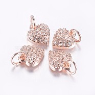 Long-Lasting Plated Brass Micro Pave Cubic Zirconia Charms, Heart, Real Rose Gold Plated, 9x8x3mm, Hole: 3mm(ZIRC-F069-41RG)