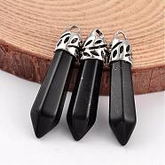 Bullet Natural Obsidian Pendants, with Platinum Tone Alloy Findings, 33~40x8~10mm, Hole: 3x2mm(G-E332-C03)
