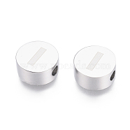 304 Stainless Steel Beads, Flat Round with Letter, Letter.I, 10x4.5mm, Hole: 2mm(STAS-I126-02P-I)