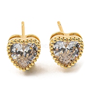 Cubic Zirconia Heart Stud Earrings, Real 18K Gold Plated Brass Earrings, Cadmium Free & Lead Free, Clear, 7x7mm(KK-C026-01G-01)