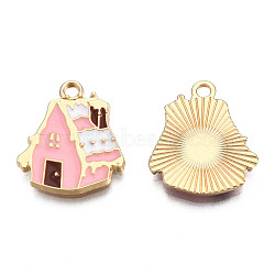 Christmas Theme, Alloy Enamel Pendants, Light Gold, Snow House, Pink, 19.5x17x2mm, Hole: 2mm(ENAM-S119-011B)