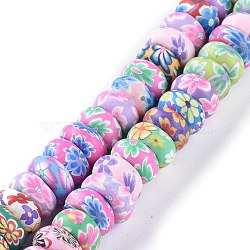 Handmade Flower Printed Polymer Clay Beads Strands, Rondelle, Colorful, 11~12.7x5.8~6.2mm, Hole: 1.4mm, about 56pcs/Strand, 12.60''(32cm)(X-CLAY-M003-02)