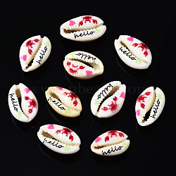 Printed Natural Cowrie Shell Beads, No Hole, Crab Pattern & Word Hello, Crimson, 18~23x13~16x7~8mm(SSHEL-N032-32)