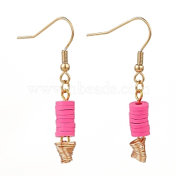 Polymer Clay Heishi Beads Dangle Earrings, with Golden Plated 304 Stainless Steel Earring Hooks, Camellia, 44mm, Pin: 0.7mm(EJEW-JE04456-01)