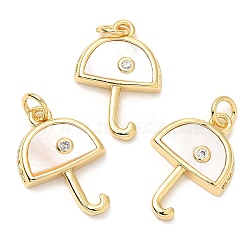 Rack Plating Brass Micro Pave Cubic Zirconia Pendants, with Shell and Jump Ring, Long-Lasting Plated, Lead Free & Cadmium Free, Umbrella, Real 18K Gold Plated, 19.5x13.5x3mm, Hole: 3mm(KK-A185-23G)