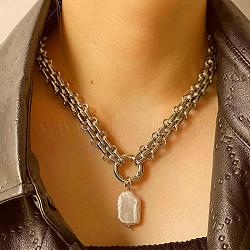 Baroque Natural Keshi Pearl Rectangle Pendant 316L Surgical Stainless Steel Chain Necklaces for Women, White, Stainless Steel Color, 16.54 inch(42cm)(WG66A9C-02)