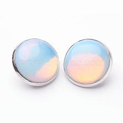 Opalite Brass Clip-on Earrings, Flat Round, Platinum, 14~15x12~13mm(EJEW-A051-A015)