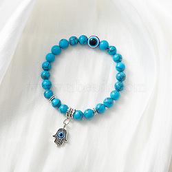 Synthetic Turquoise Stretch Bracelet with Evil Eye Charms, Mixed Shapes(SM1499-2)