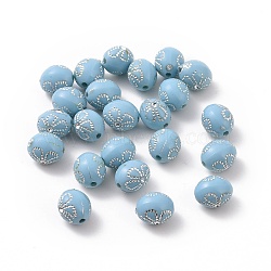Plating Acrylic Beads, Silver Metal Enlaced, Oval with Flower, Light Sky Blue, 9.3x7.5mm, Hole: 1.5mm, about 1700pcs/500g(OACR-C013-03)