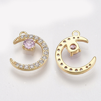 Brass Micro Pave Cubic Zirconia Charms, Nickel Free, Real 18K Gold Plated, Moon, Pink, 12.5x10.5x2mm, Hole: 1mm
