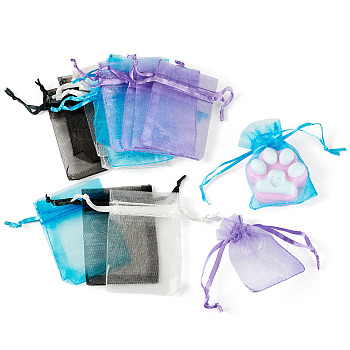 100Pcs 4 Colors Rectangle Organza Drawstring Bags, Wedding Favor Bags, Organza Pouches for Potpourri, with Ribbons, Mother's Day Mother's Day Gift Bags, Mixed Color, 7x5x0.2cm, 25pcs/style