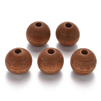 Painted Natural Wood Beads, Laser Engraved Pattern, Round with Leave Pattern, Peru, 16x15mm, Hole: 4mm