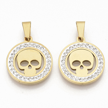 201 Stainless Steel Pendants, with Random Size Snap On Bails and Polymer Clay Crystal Rhinestones, Flat Round with Skull, Golden, 23x20x2.5mm, Hole: 8~10x3~5mm