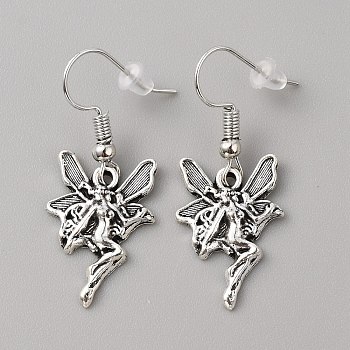 Bohemia Alloy Dangle Earrings for Women, Antique Silver & Platinum, Angel & Fairy Pattern, 36mm, Pin: 0.8mm