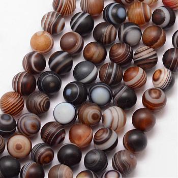 Natural Striped Agate/Banded Agate Bead Strands, Eye Agate Beads, Round, Dyed & Heated, Frosted, Grade A, Coffee, 8mm, Hole: 1mm, about 47pcs/strand, 15 inch