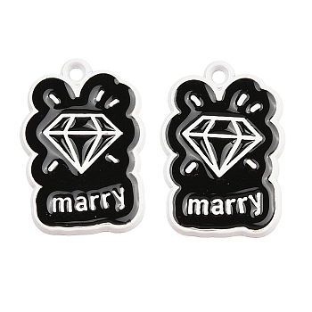 Spray Painted Alloy Pendants, with Enamel, Dimonds with Word Marry Charm, Black, 26x18x1.5mm, Hole: 2mm