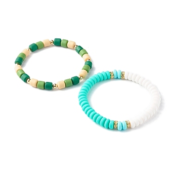 Handmade Polymer Clay Beads Stretch Bracelets Sets, with Brass Rhinestone & Brass Beads, Dark Green, Inner Diameter: 2~2-1/8 inch(5.05~5.35cm), 2pcs/set
