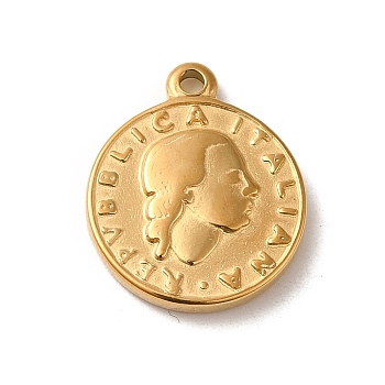 304 Stainless Steel Pendants, Flat Round with Woman Pattern Charm, Real 14K Gold Plated, 18x15x3mm, Hole: 1.5mm