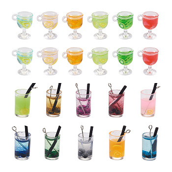 64Pcs 16 Style Imitation Juice Draft Beer Resin Pendants, with Glitter Powder/Polymer Clay inside, Platinum Tone Iron Eye Pins, Mixed Shapes, Mixed Color, 24~26x11mm, hole: 1.8mm