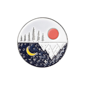 Creative Zinc Alloy Brooches, Enamel Lapel Pin, with Iron Butterfly Clutches or Rubber Clutches, Electrophoresis Black Color, Flat Round with Sun & Moon Pattern, Platinum, 30.5x30.5mm, Pin: 1mm