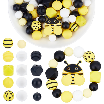 AHADERMAKER 15 Style Silicone Beads, DIY Nursing Necklaces and Bracelets Making, Chewing Pendants For Teethers, Round & Bees & Cube, Mixed Color, 11.5~31x11.5~28x8.5~15mm, hole: 2~3.5mm, 81pcs/box