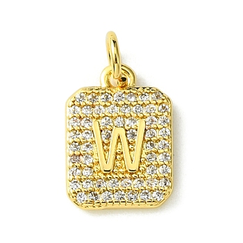 Rack Plating Brass Micro Pave Clear Cubic Zirconia Charms, Long-Lasting Plated, Lead Free & Cadmium Free, Rectangle with Letter Pattern, with Jump Ring, Real 18K Gold Plated, Letter W, 14x9.5x2mm, Hole: 3mm