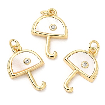 Rack Plating Brass Micro Pave Cubic Zirconia Pendants, with Shell and Jump Ring, Long-Lasting Plated, Lead Free & Cadmium Free, Umbrella, Real 18K Gold Plated, 19.5x13.5x3mm, Hole: 3mm