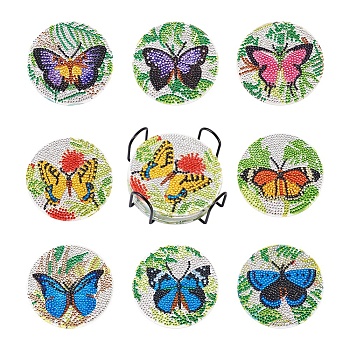 5D DIY Diamond Painting Cup Mat Kits, with Iron Coaster Holder, Resin Rhinestones, Diamond Sticky Pen, Tray Plate and Glue Clay, Butterfly Pattern, 100x2mm