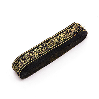 Ethnic Style Embroidery Polyester Ribbons, Jacquard Ribbon, Tyrolean Ribbon, with Flower Pattern, Garment Accessories, Black, Gold, 1 inch(25mm), about 10.94 Yards(10m)/Roll