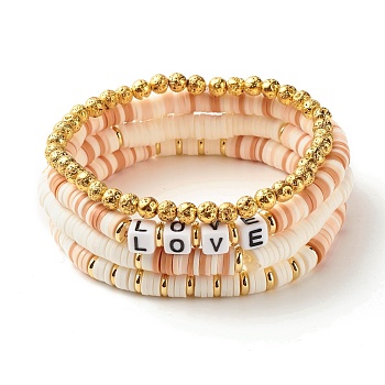 Polymer Clay Heishi Beads Bracelets Set, Natural Lava Rock Beads Stone Bracelets, Love Word Acrylic Beads Bracelets for Women Girl, Saddle Brown, Inner Diameter: 2-1/4~2-1/2  inch(5.8~6.5cm), 4Pcs/set