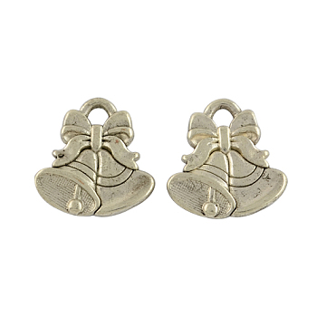 Tibetan Style Alloy Christmas Bell Pendants, Lead Free & Cadmium Free, Antique Silver, 16x16x2mm, Hole: 3mm