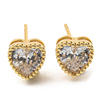 Cubic Zirconia Heart Stud Earrings, Real 18K Gold Plated Brass Earrings, Cadmium Free & Lead Free, Clear, 7x7mm