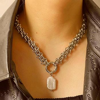 Baroque Natural Keshi Pearl Rectangle Pendant 316L Surgical Stainless Steel Chain Necklaces for Women, White, Stainless Steel Color, 16.54 inch(42cm)