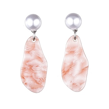 Brass Dangle Earrings, with Cellulose Acetate(Resin), Imitation Pearl Acrylic and Rubber Ear Nuts, Light Salmon, 33mm, Pin: 0.8mm