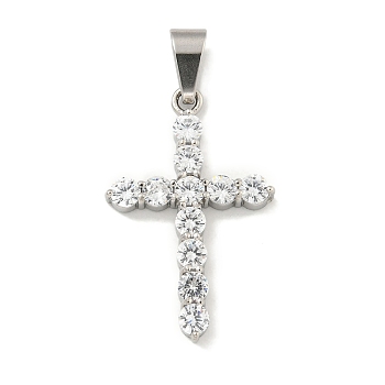 304 Stainless Steel Cubic Zirconia Pendants, Cross Charm, Stainless Steel Color, 35x22.5x4.5mm, Hole: 8.5x5mm