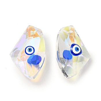 Transparent Glass Beads, with Enamel, Faceted, Polygon with Evil Eye Pattern, Blue, 23.5x38x13mm, Hole: 2mm