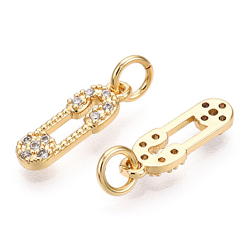 Brass Micro Pave Cubic Zirconia Charms, with Jump Rings, Safety Pins Charms, Real 18K Gold Plated, 14x5x1.5mm, Hole: 3.4mm