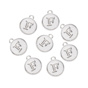 Alloy Pendant Cabochon Settings, For Enamel, Cadmium Free & Lead Free, Flat Round with Letter, Platinum, Letter.F, 14x12x2mm, Hole: 1.5mm