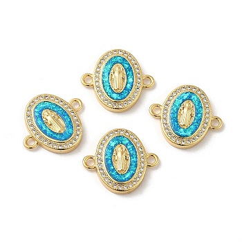 Rack Plating Brass Micro Pave Clear Cubic Zirconia Connector Charms, Oval Links with Synthetic Opal, Lead Free & Cadmium Free, Long-Lasting Plated, Real 18K Gold Plated, 16.5x18.5x3mm, Hole: 1.8mm