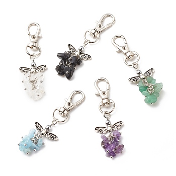 Natural Gemstone Beaded Cluster Pendant Decorates, with Swivel Clasps, Lobster Clasp Charms, Clip-on Charms, for Keychain, Purse, Backpack Ornament, Stitch Marker, Wings, 67~68mm