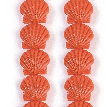 Synthetic Coral Dyed Carved Beads Strands, Shell Shape, Tomato, 13~13.5x16x7.5mm, Hole: 1mm, about 25pcs/strand, 13.39''(34cm)