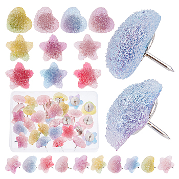 Drusy Plastic Push Pins, Thumbtack, with Steel Pin, for Home School Office Notice Board Cork Board, Heart & Star, Mixed Color, 15~17x16.5~18mm, 30pcs/box