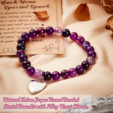 Natural Striped Agate Round Beaded Stretch Bracelet with Alloy Heart Charm(BJEW-OC0001-09C)-4