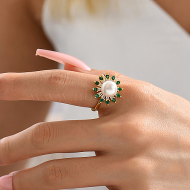 anillo de dedo de flor de circonita cúbica verde con micro pavé de latón(KF3453-1)-3