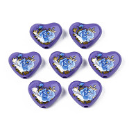 Flower Printed Opaque Acrylic Heart Beads, Slate Blue, 16x19x8mm, Hole: 2mm(SACR-S305-28-M02)