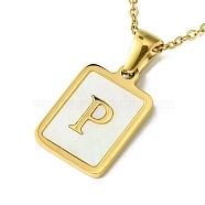 Ion Plating(IP) Rectangle with Initial Letter 304 Stainless Steel Pendant Necklace, white Shell, Real 18K Gold Plated, Letter P, 16.06 inch(40.8cm)(NJEW-R265-04G-P)